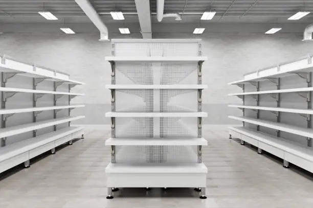 Supermarket interior with empty store shelves mock up. 3d render
