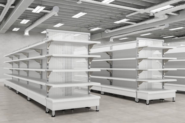 istock Supermarket interior with empty store shelves mock up. 1269284303