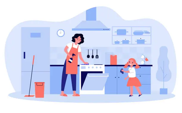 Vector illustration of Happy mother and daughter cleaning kitchen together