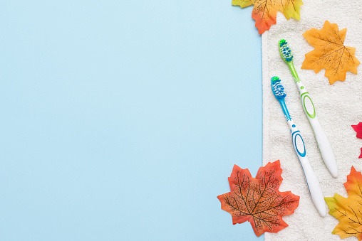 two toothbrushes on white towel with autumn leaves on blue background with copy space