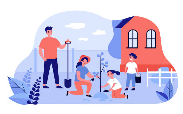 Happy family planting tree in garden Happy family planting tree in garden isolated flat vector illustration. Cartoon father, mother and children growing plant near home. Summer, village and agriculture concept kids gardening stock illustrations