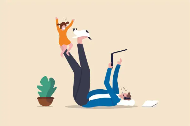 Vector illustration of Work from home due to Coronavirus COVID-19 pandemic concept, businessman lay down working at home using laptop and headset for conference call meeting and take care his daughter child playing with cat