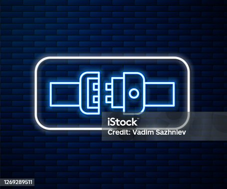istock Glowing neon line Safety belt icon isolated on brick wall background. Seat belt. Vector Illustration 1269289511