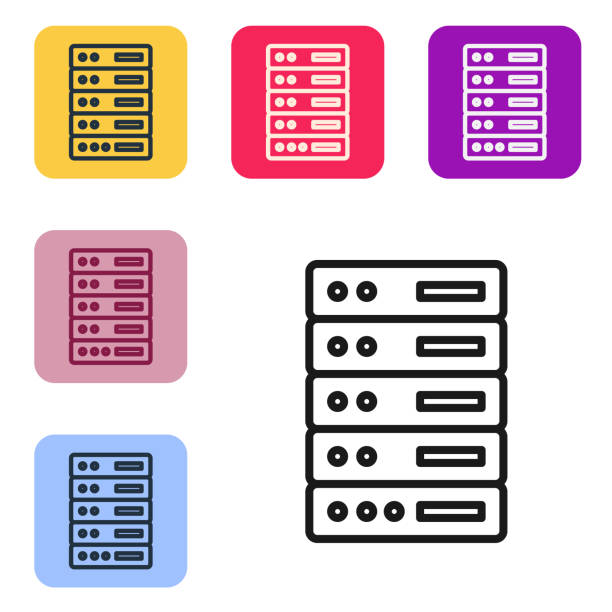 illustrazioni stock, clip art, cartoni animati e icone di tendenza di icona server di linea nera, dati, web hosting isolata su sfondo bianco. impostare le icone nei pulsanti quadrati a colori. illustrazione vettoriale - data center network server storage room