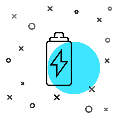 Black line Battery icon isolated on white background. Lightning bolt symbol. Random dynamic shapes. Vector Illustration