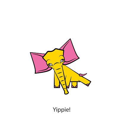 Cartoon character of african and indian animal. Funny cute little elephant goes dancing. Vector. Conceptual. Hooray! Hurray! Banana bubble gum.