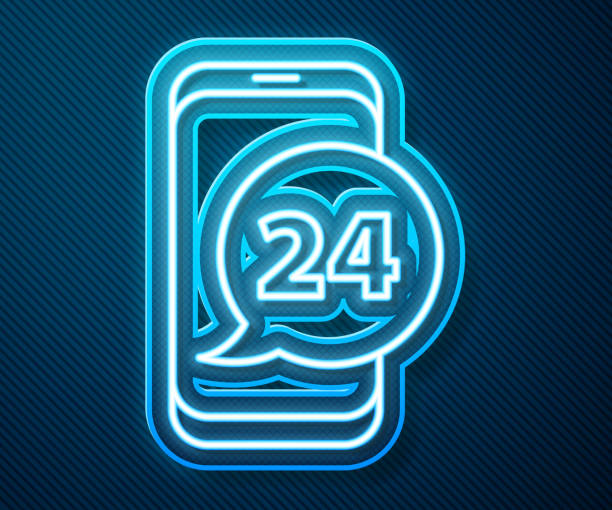 istock Glowing neon line Food ordering icon isolated on blue background. Order by mobile phone. Restaurant food delivery concept. Vector Illustration 1269295849
