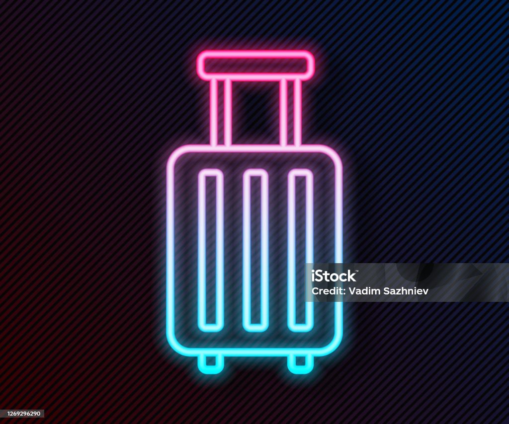 Glowing neon line Suitcase for travel icon isolated on black background. Traveling baggage sign. Travel luggage icon. Vector Illustration Adventure stock vector