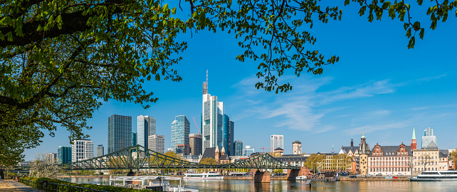 Captivating aerial view of Frankfurt with the iconic EZB tower, under a clear blue sky.