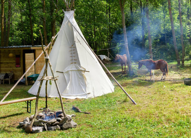 istock Tepee and camp fire with horses at a country cabin 1269301338