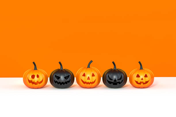 istock Halloween pumpkin on orange and white two-tone background 3d rendering. 3d illustration pumpkin for celebration Halloween event template minimal style concept. 1269301910