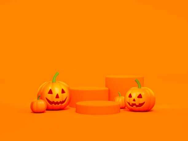 istock Halloween pumpkin with podium display stand on orange background 3d rendering. 3d illustration pumpkin for celebration luxury Halloween event template minimal style concept. 1269301945
