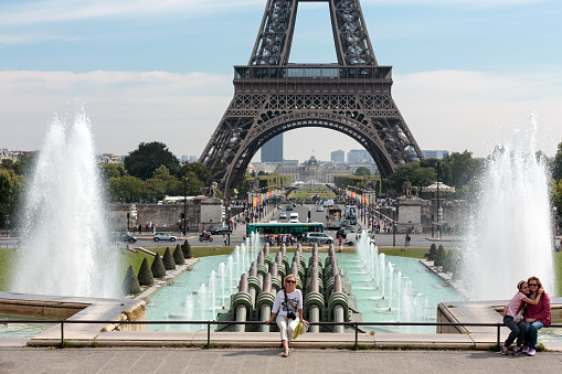 Paris, France - September 9, 2014: Eiffel Tower and the Trocadero Fountains, Paris, France,