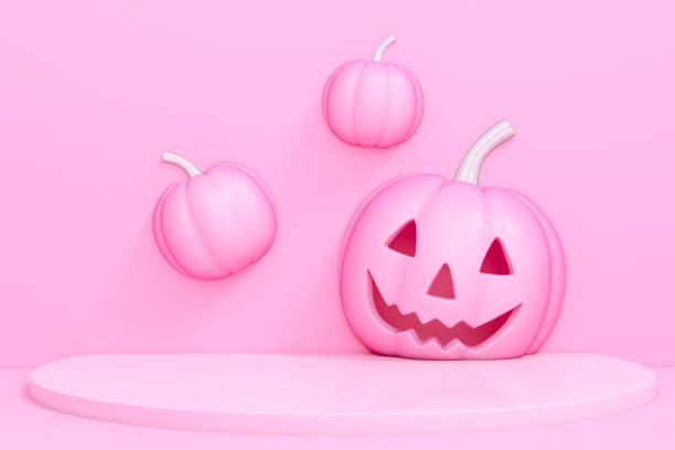 istock Pink Halloween pumpkin with podium display stand on pastel pink background 3d rendering. 3d illustration pumpkin for celebration sweet Halloween event template minimal style concept. 1269302005