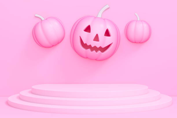 istock Pink Halloween pumpkin with podium display stand on pastel pink background 3d rendering. 3d illustration pumpkin for celebration sweet Halloween event template minimal style concept. 1269302288