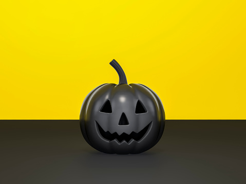 Black Halloween pumpkin in black and yellow two-tone color room 3d rendering. 3d illustration luxury pumpkin for celebration Halloween event template minimal style concept.