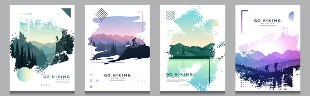 Vector brochure cards set. Travel concept of discovering, exploring and observing nature. Hiking. Adventure tourism. Flat design template of flyer, magazine, book cover, banner, invitation, poster. Vector brochure cards set. Travel concept of discovering, exploring and observing nature. Hiking. Adventure tourism. Flat design template of flyer, magazine, book cover, banner, invitation, poster. book cover illustrations stock illustrations