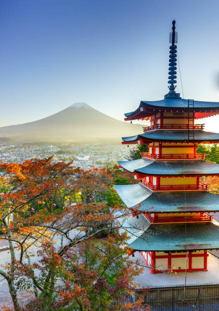 mt. fuji z chureito pagoda o zachodzie słońca, fujiyoshida, japonia - fuji mt fuji yamanashi prefecture japanese fall foliage zdjęcia i obrazy z banku zdjęć