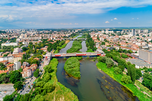 Maritsa river in Plovdiv, Bulgaria gorgeous aerial view - (Bulgarian: Река Марица, Пловдив, България). The scene is located in Plovdiv, Bulgaria (Eastern Europe). The picture is taken with DJI Phantom 4 Pro drone / quadcopter.