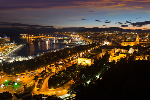 Aerial view of Malaga and Mediterranean in  evening time