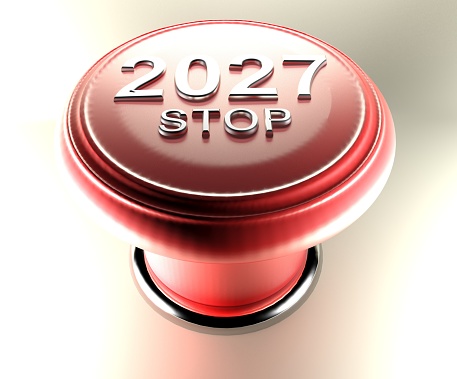 2027 STOP on red emergency push button - 3D rendering illustration