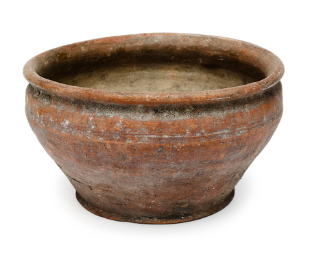 Handmade ceramic bowl on white background