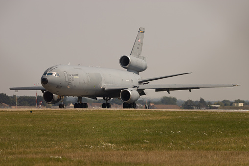 McDonnell Douglas KC-10 Extender taxing down the runway ready for take off at RAF Mildenhall, Suffolk, UK.  Taken 12th Aug 2020.