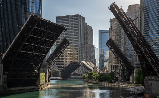 A rare scenery where all bridges in downtown Chicago were elevated. This happened during the recent protest in downtown area.