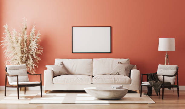 istock Blank picture frame mock up in red room interior , 3d rendering 1269324740
