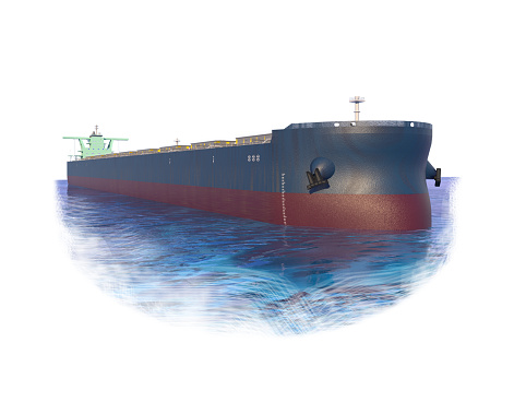 The ship is a bulk carrier with a large cargo capacity with part of the water. Isolated on white. 3d-rendering