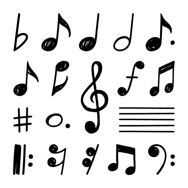 illustrazioni stock, clip art, cartoni animati e icone di tendenza di semplici note disegnate a mano e chiave musicale in stile doodle - italian music immagine