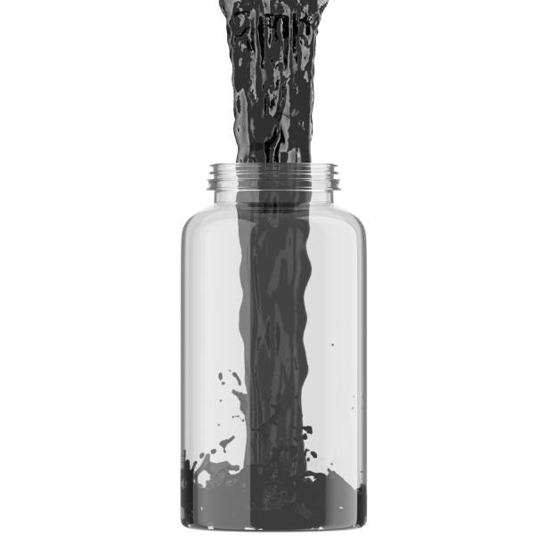 istock A stream of thick black paint pours into a transparent jar on a white background. 3D rendering 1269333278