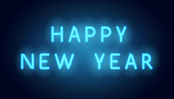ilustraciones, imágenes clip art, dibujos animados e iconos de stock de feliz año nuevo letras de neón. vector realista azul neón cartel con saludos - electricity technology shiny turquoise