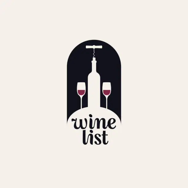 Vector illustration of wine list with a bottle, corkscrew and two glasses