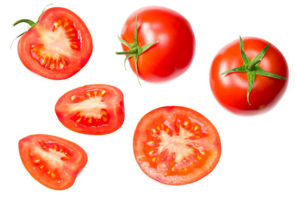 istock fresh tomato slices isolated on white background. top view 1269343910