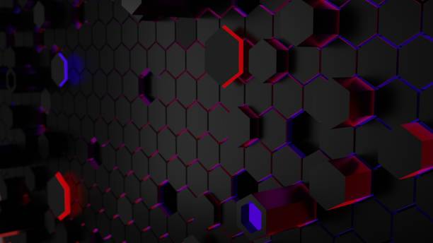 istock Hexagonal geometric background, light red and purple surround with black. 1269346396