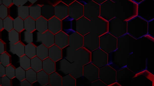 istock Hexagonal geometric background, light red and purple surround with black. 1269346421