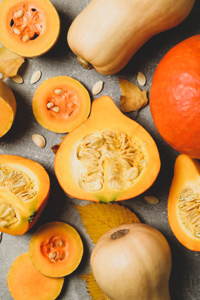 istock Composition with pumpkin, squash, seeds and leaves on gray background 1269349154