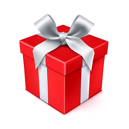 Vector illustration of a red gift box with silver bow.