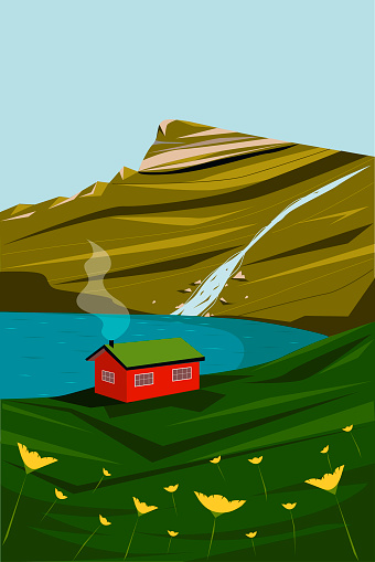 Iceland landscape. Postcard with a landscape. Lake and mountains. Vector illustration.