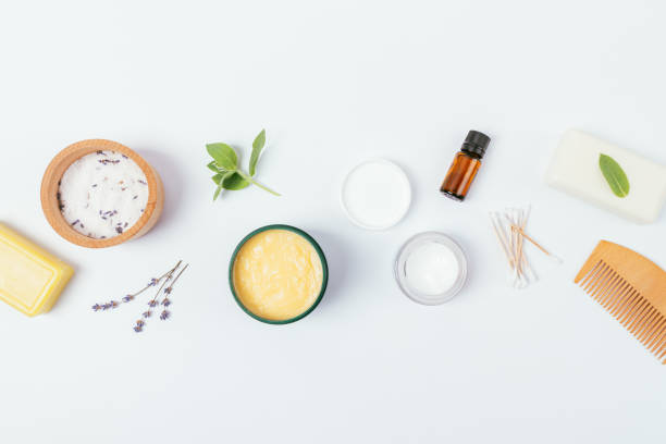 istock Natural cosmetics and zero waste hygiene accessories on white table 1269353555
