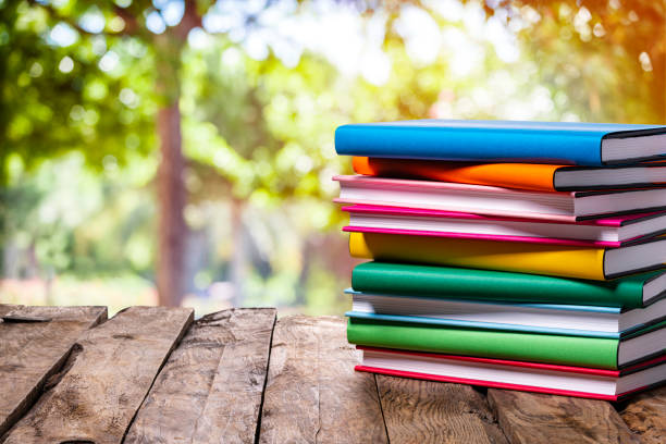 istock Multicolored books on rustic table against defocused rural scene. Copy space 1269355188