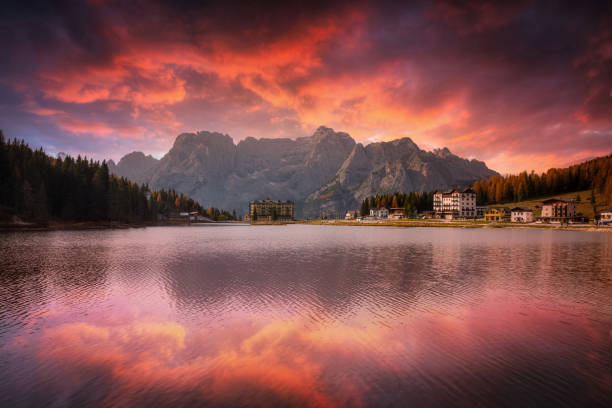 istock Dolomites mountains reflected in the Lago mi Misurina Lake at sunset 1269356626
