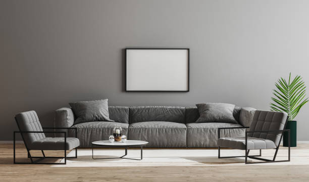 istock Blank black horizontal frame mock up in modern minimalist living room interior  with gray sofa, armchairs and coffee table, living room interior background, scandinavian style, 3d render 1269362306