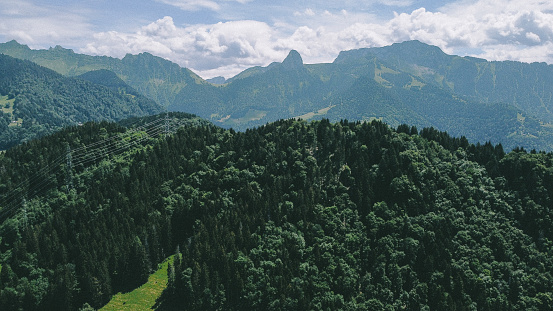 Drone photo of Dent de Jaman and alpine forests near Chamby, Switzerland