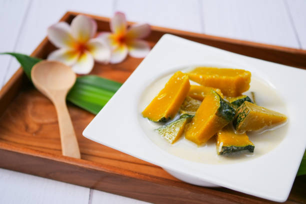Pumpkin in coconut milk, Thai desserts stock photo
