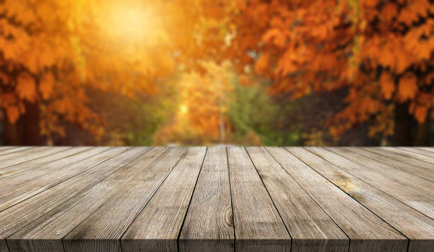 istock Wooden desk on autumn blur abstract natural background 1269366359