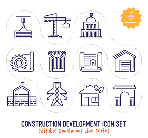 ilustrações, clipart, desenhos animados e ícones de pacote de ícones de linha contínua editável de desenvolvimento de construção - construction plan electricity blueprint
