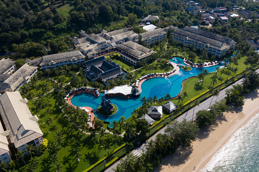 10/30/2019 Krabi, Thailand.\nAerial view of luxury resort in Thailand with massive outdoor pool.\nSofitel hotel, an Accor hotel brand