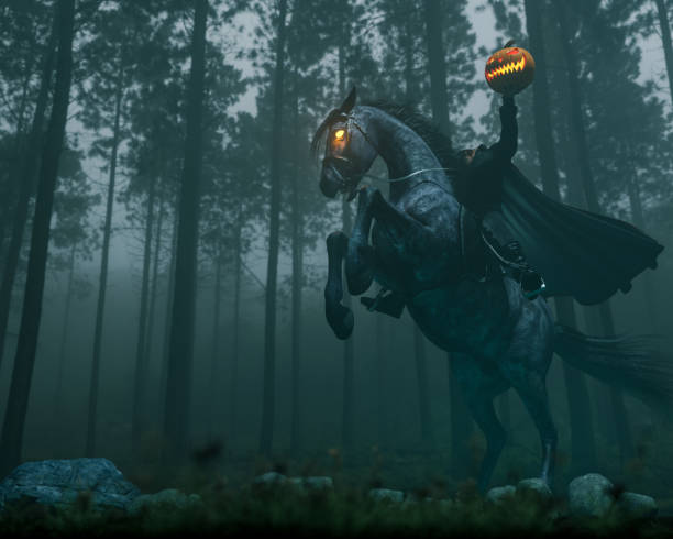 Sleepy Hollow Headless Horseman High resolution digital image of the headless horseman character from Washington Irving's The Legend of Sleepy Hallow. This image combines photography, digital painting, and computer generated imagery. The headless horseman is shown on the back of a rearing demonic horse with glowing eyes. He holds a pumpkin aloft in his left hand. The setting is a dark and misty forest. Shot with a wide angle lens, from a low camera angle. mythology photos stock pictures, royalty-free photos & images